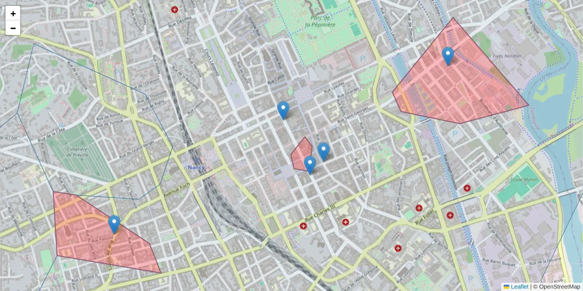 Carte de la zone du code postal  et des codes postaux voisins en France