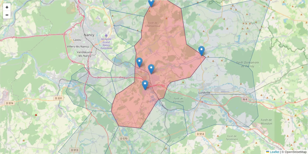 Carte de la zone du code postal  et des codes postaux voisins en France