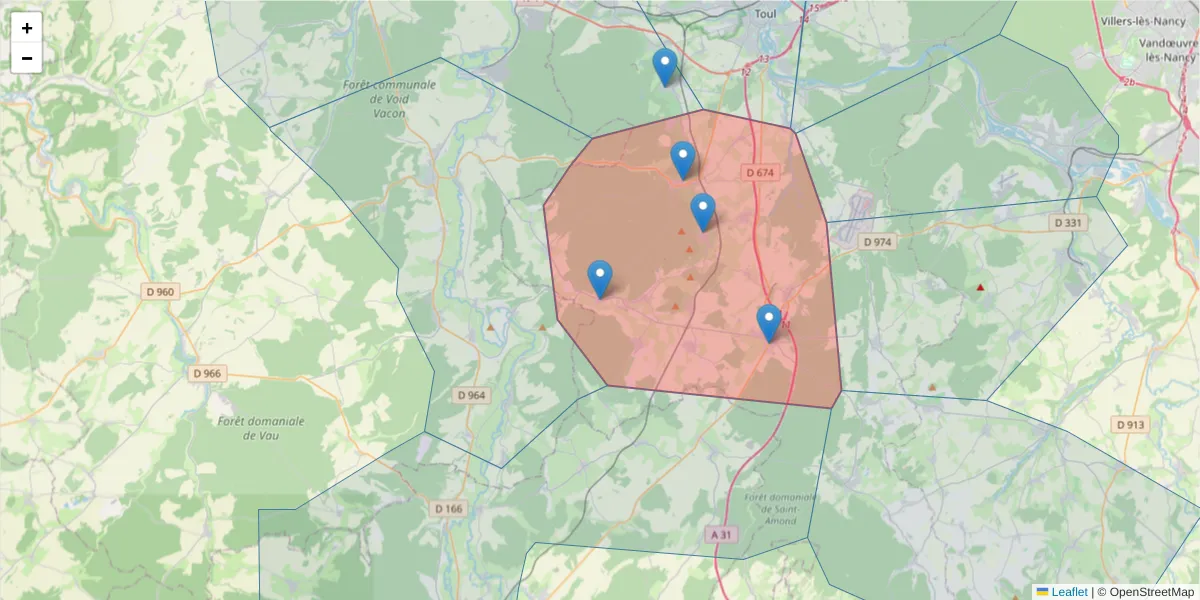 Carte de la zone du code postal  et des codes postaux voisins en France
