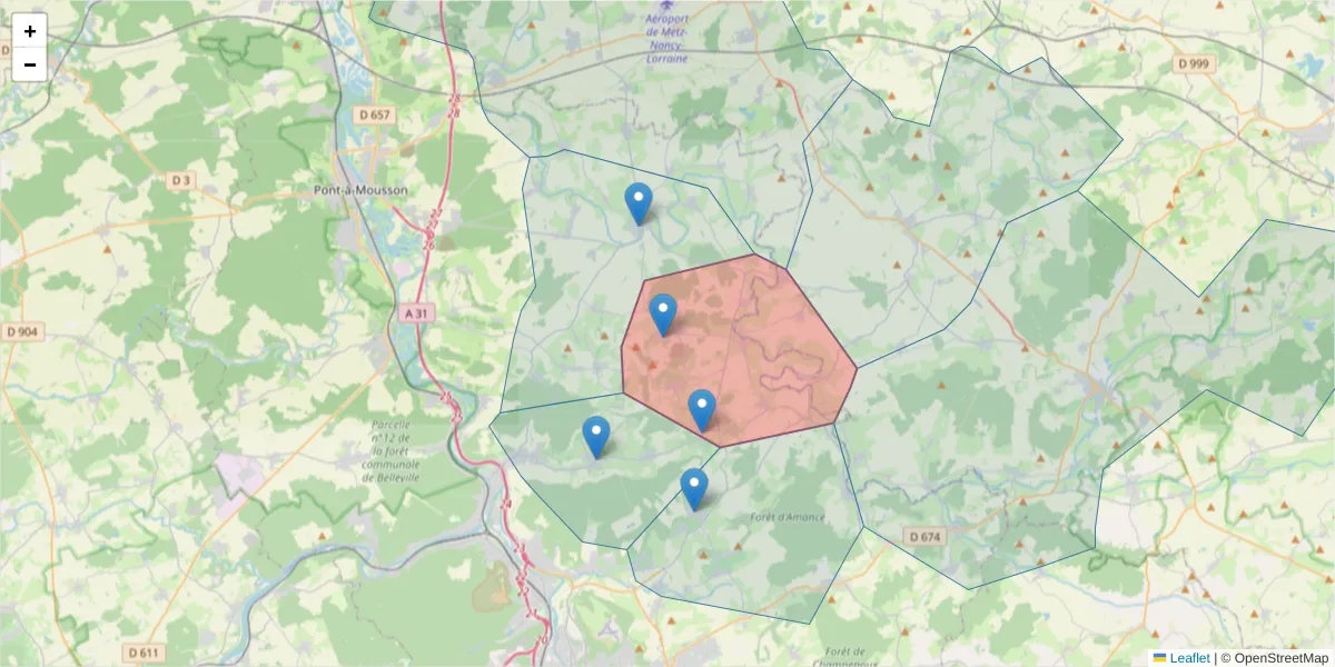 Carte de la zone du code postal  et des codes postaux voisins en France