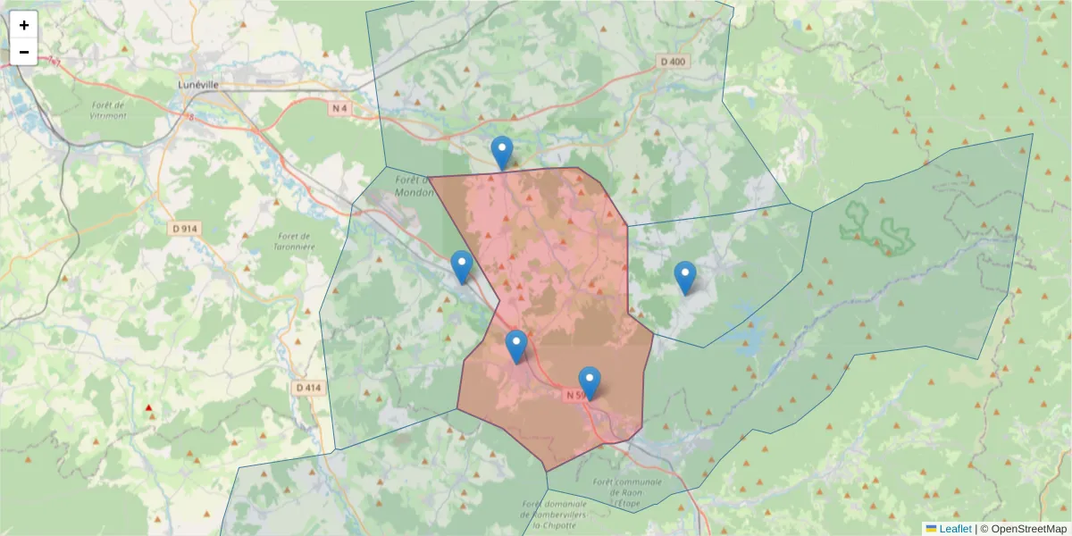 Carte de la zone du code postal  et des codes postaux voisins en France