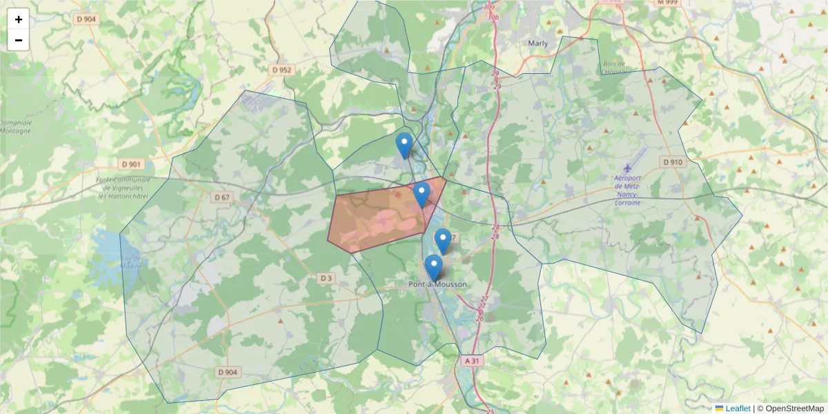 Carte de la zone du code postal  et des codes postaux voisins en France