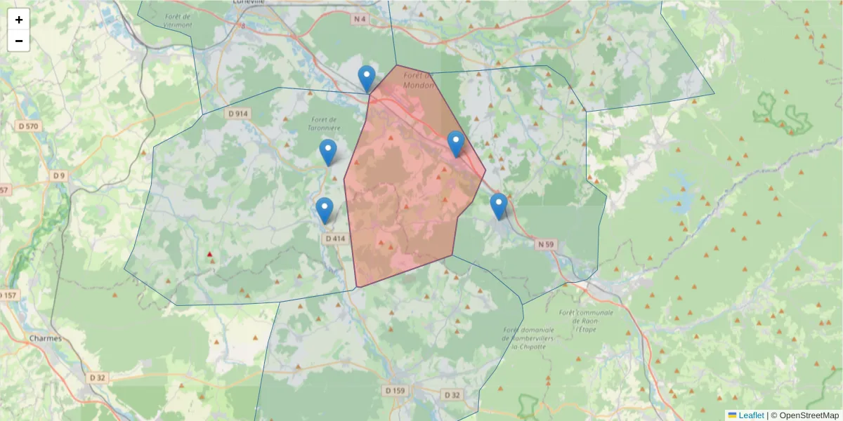 Carte de la zone du code postal  et des codes postaux voisins en France