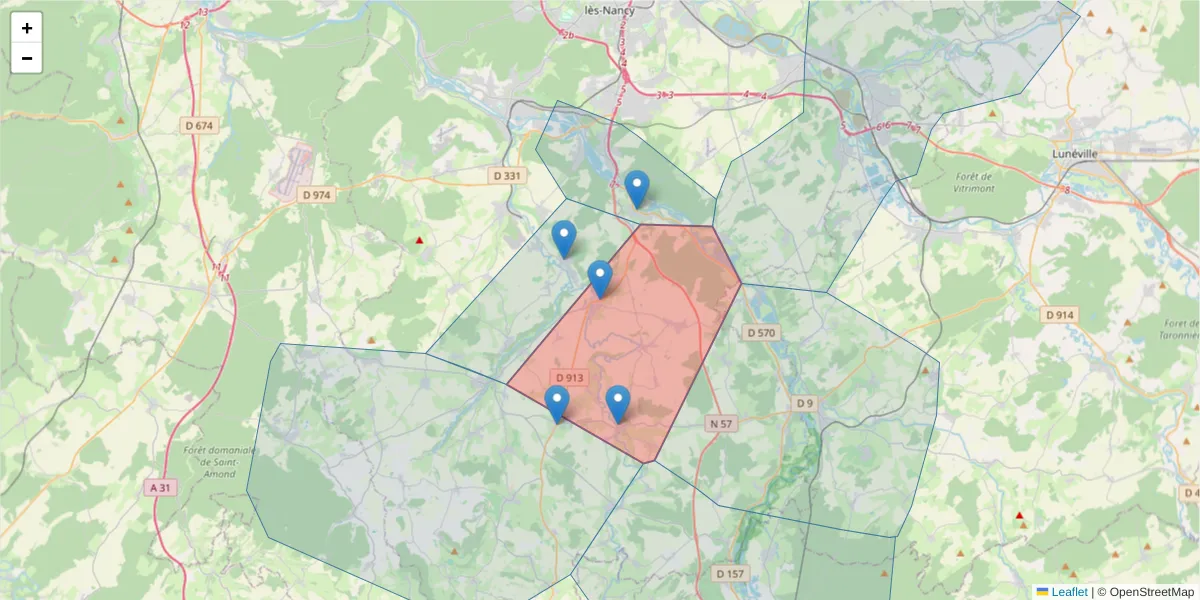 Carte de la zone du code postal  et des codes postaux voisins en France