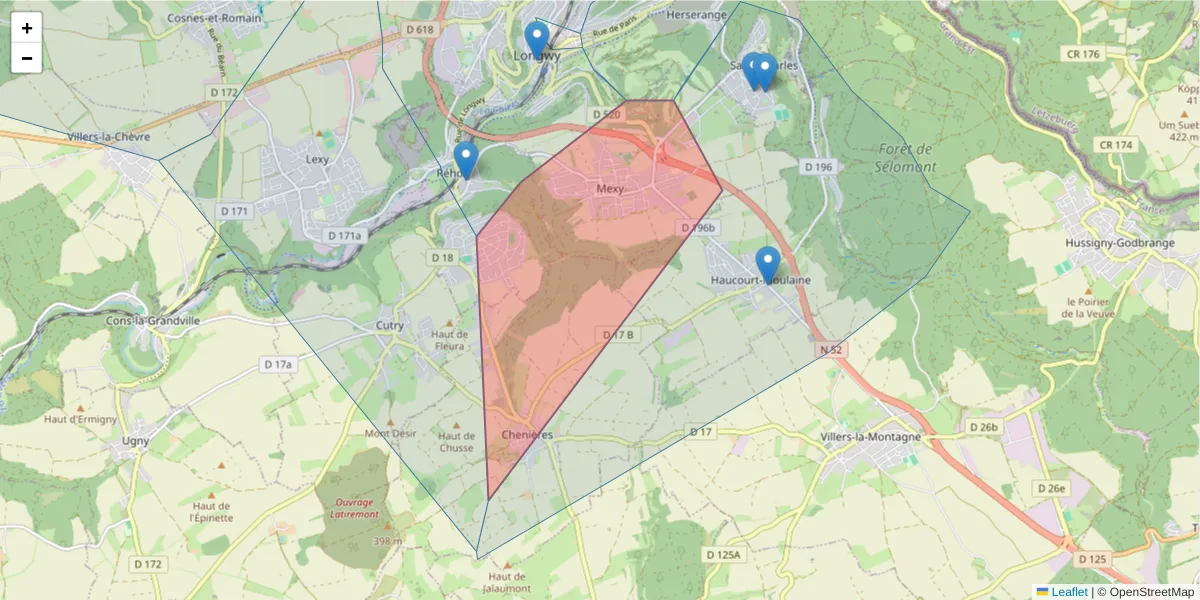 Carte de la zone du code postal  et des codes postaux voisins en France
