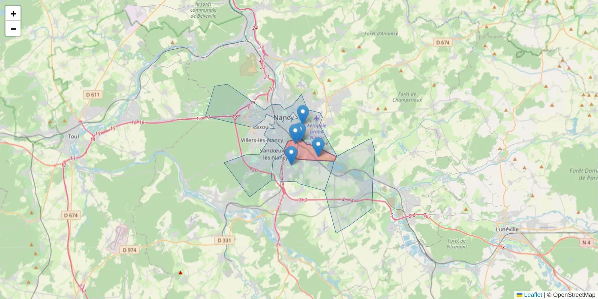 Carte de la zone du code postal  et des codes postaux voisins en France