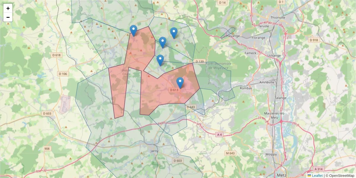 Carte de la zone du code postal  et des codes postaux voisins en France