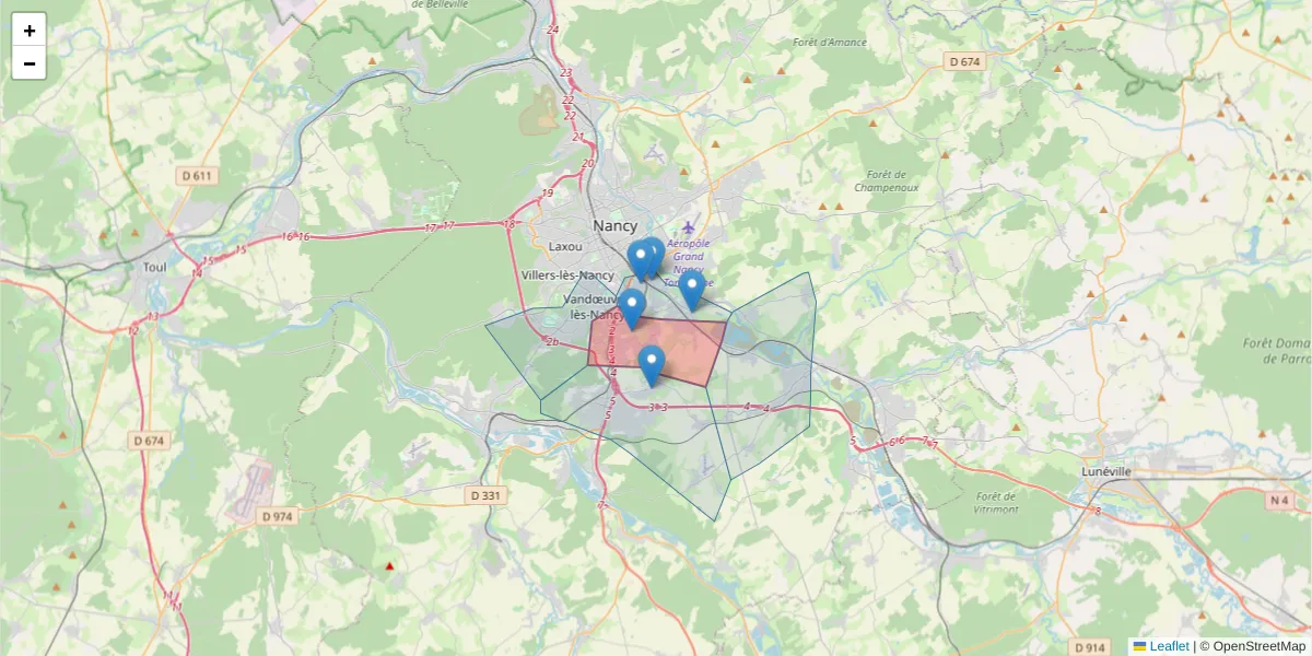 Carte de la zone du code postal  et des codes postaux voisins en France