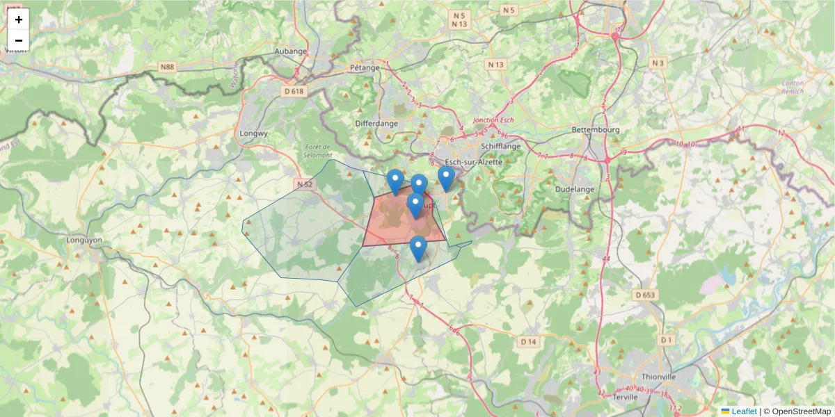 Carte de la zone du code postal  et des codes postaux voisins en France