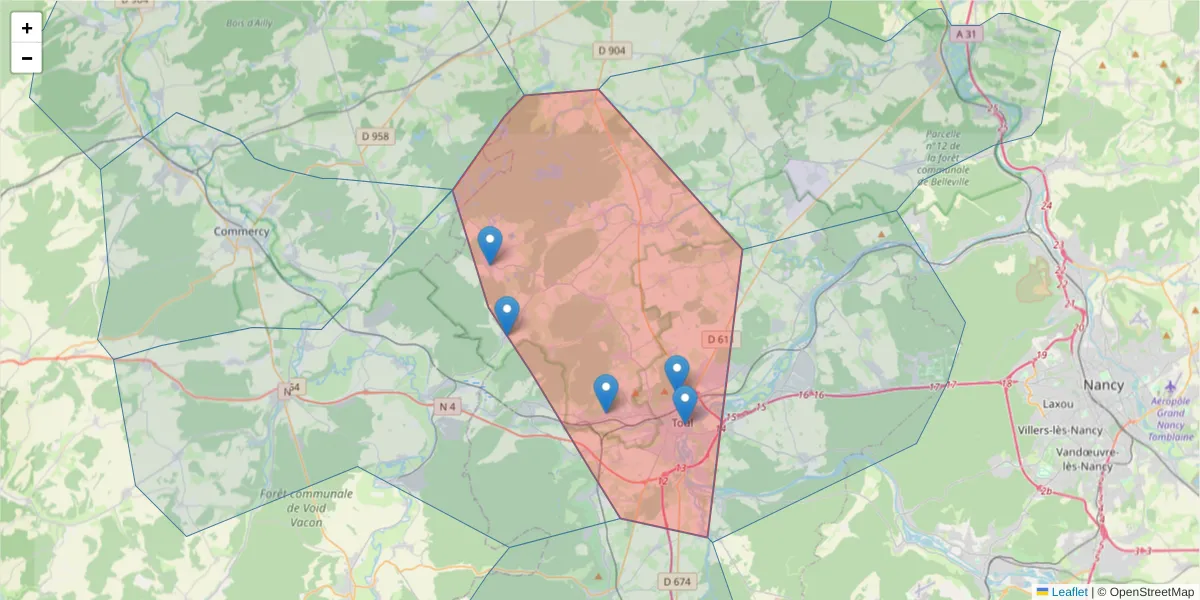 Carte de la zone du code postal  et des codes postaux voisins en France