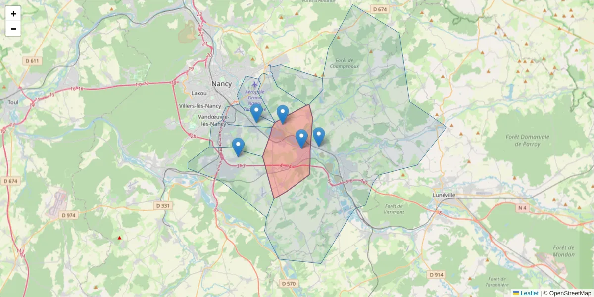 Carte de la zone du code postal  et des codes postaux voisins en France