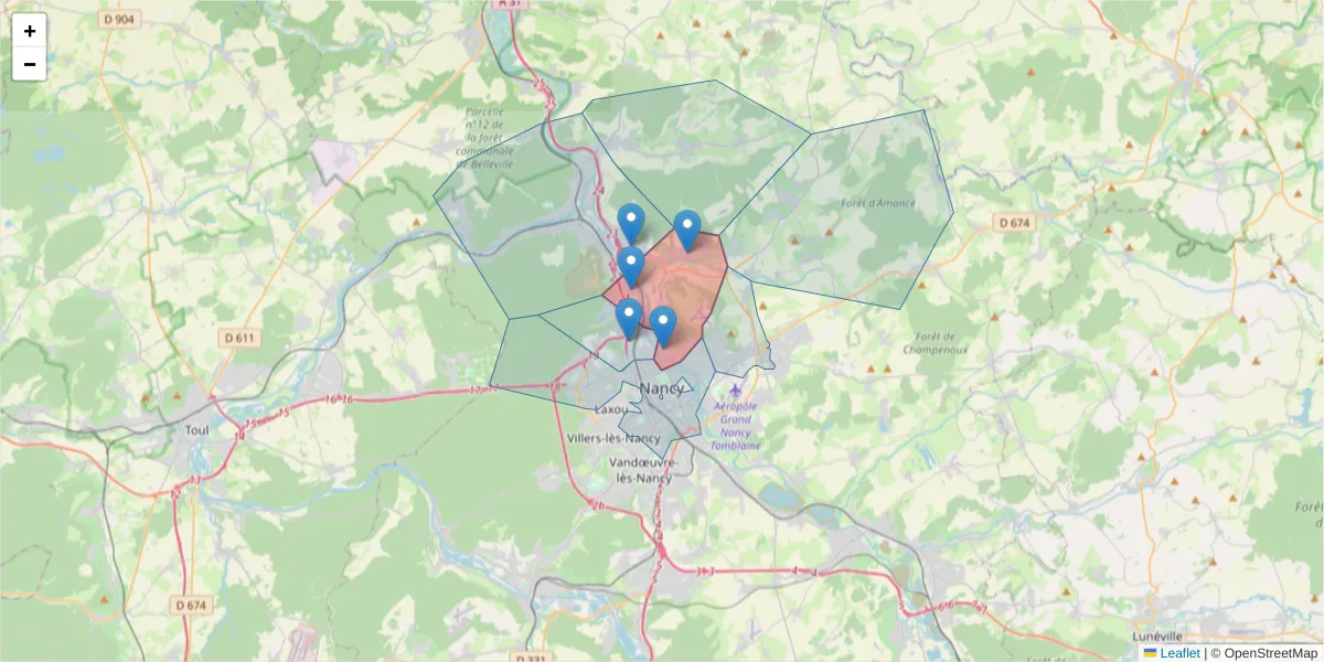 Carte de la zone du code postal  et des codes postaux voisins en France
