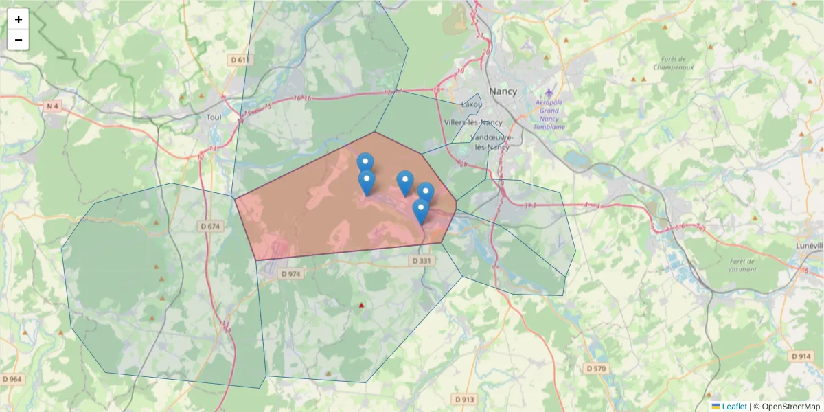 Carte de la zone du code postal  et des codes postaux voisins en France