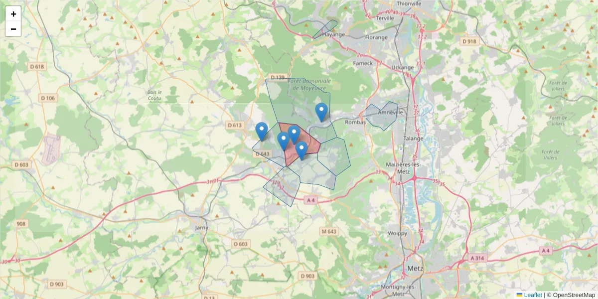 Carte de la zone du code postal  et des codes postaux voisins en France