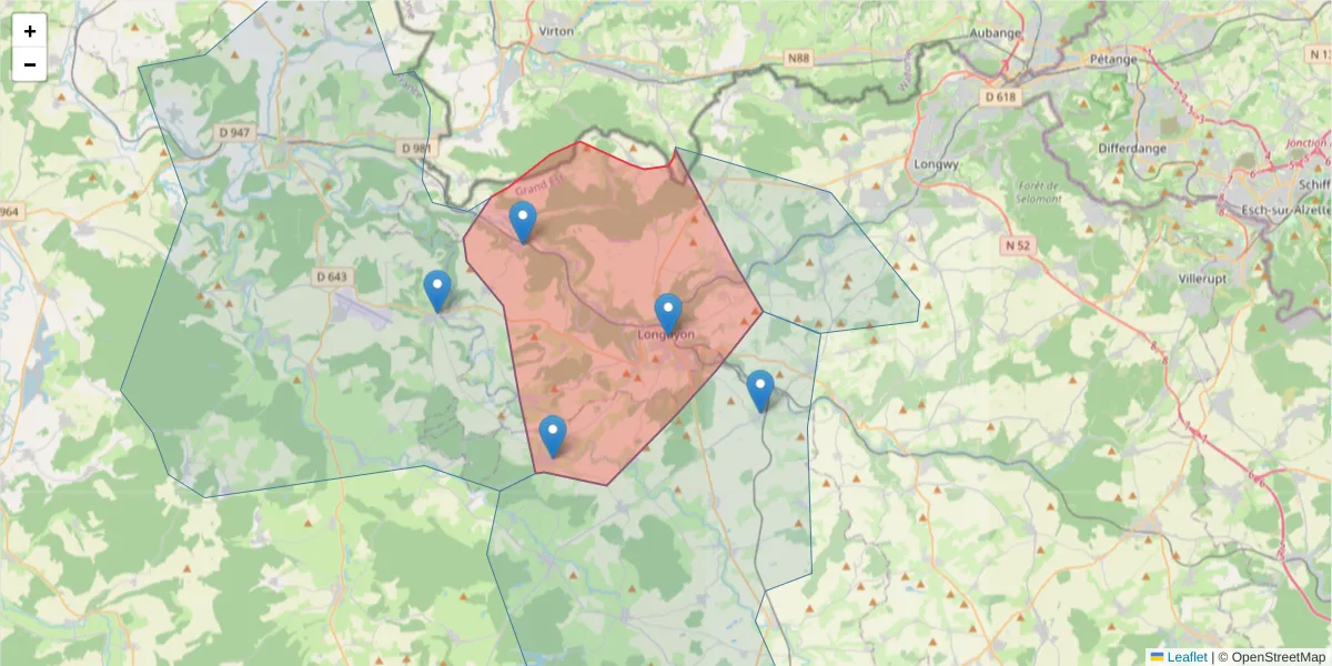 Carte de la zone du code postal  et des codes postaux voisins en France