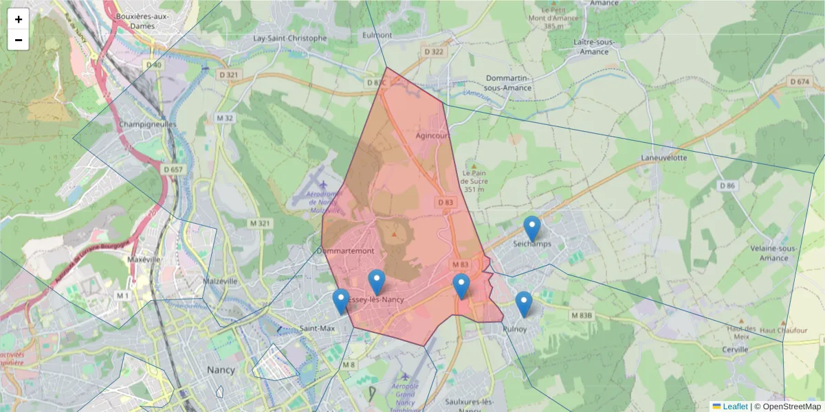 Carte de la zone du code postal  et des codes postaux voisins en France