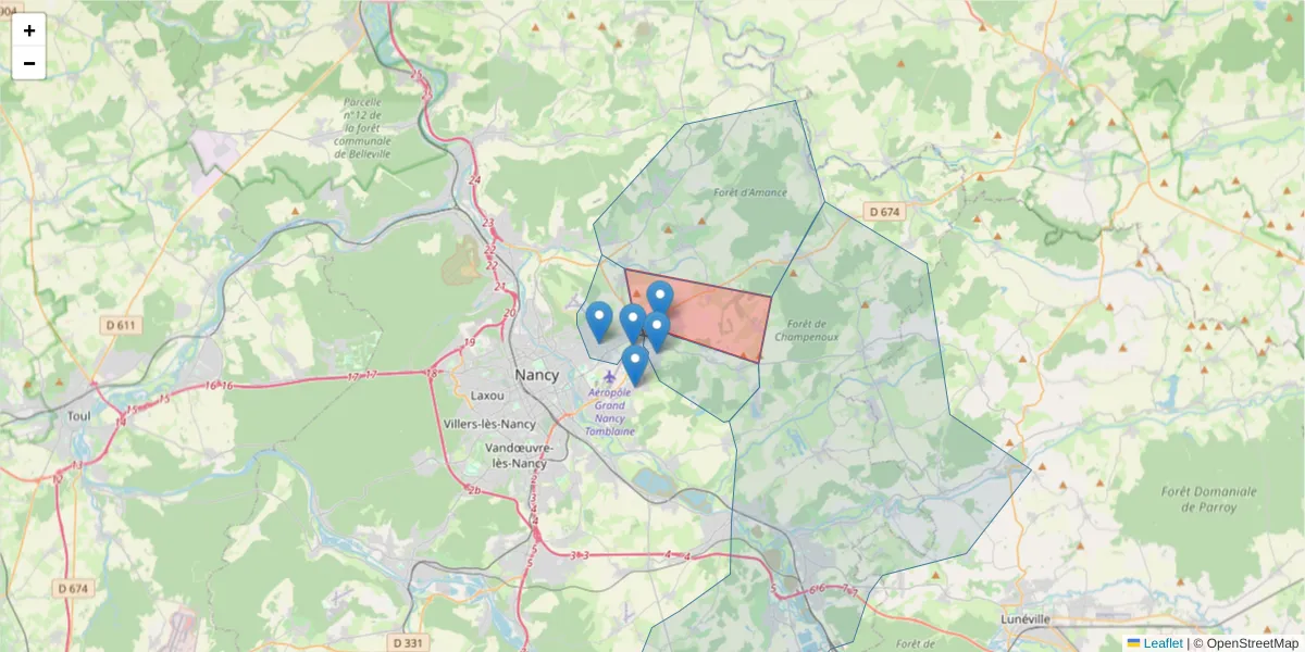 Carte de la zone du code postal  et des codes postaux voisins en France
