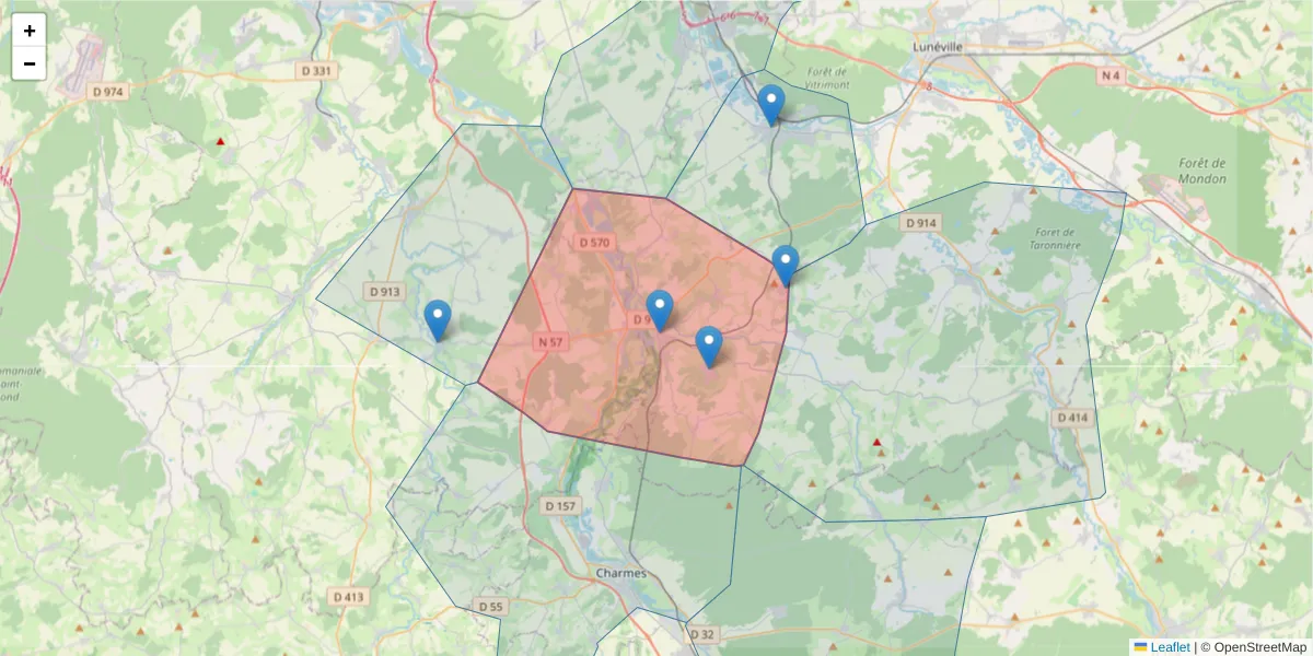 Carte de la zone du code postal  et des codes postaux voisins en France