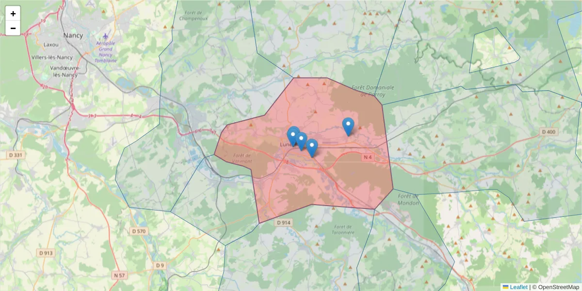 Carte de la zone du code postal  et des codes postaux voisins en France