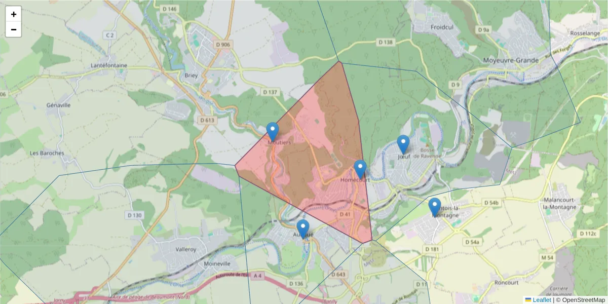 Carte de la zone du code postal  et des codes postaux voisins en France
