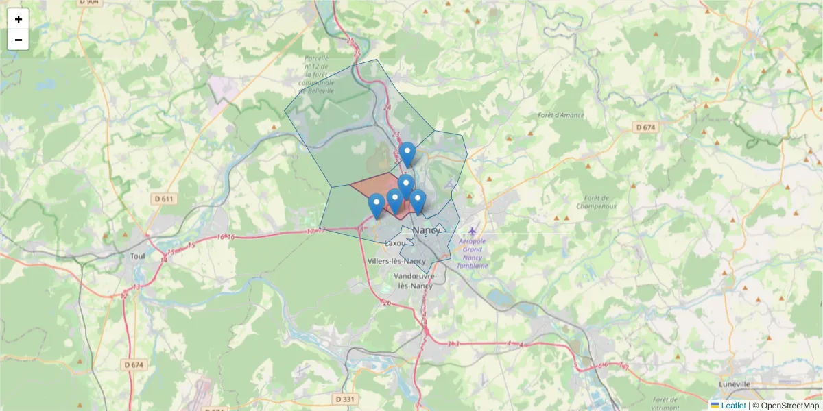 Carte de la zone du code postal  et des codes postaux voisins en France