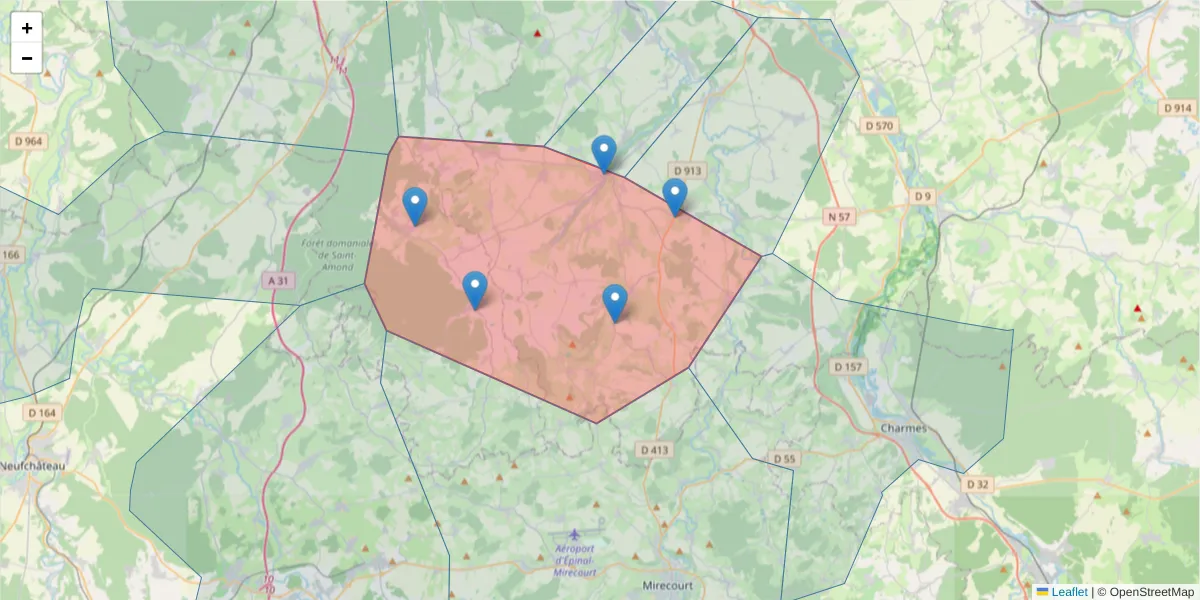 Carte de la zone du code postal  et des codes postaux voisins en France