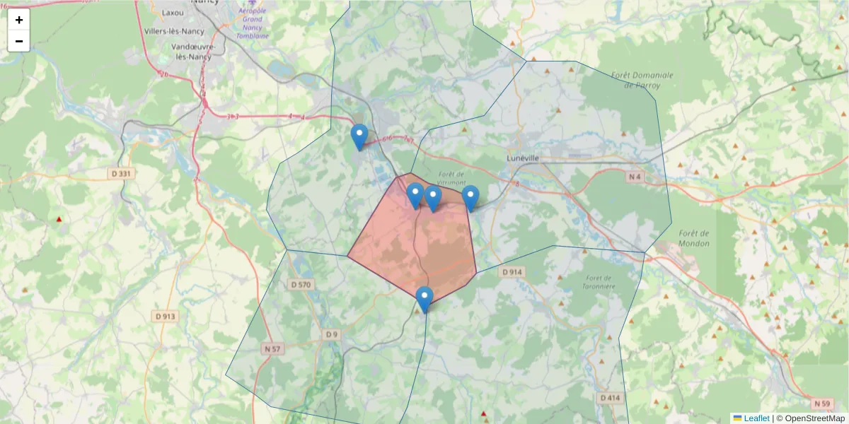 Carte de la zone du code postal  et des codes postaux voisins en France