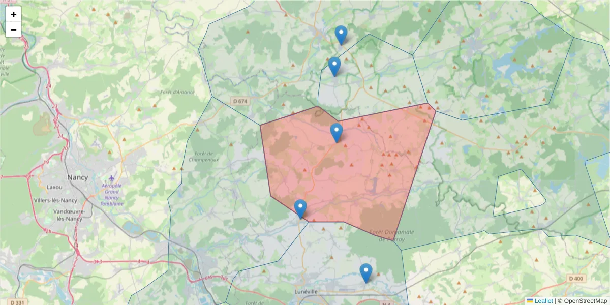 Carte de la zone du code postal  et des codes postaux voisins en France