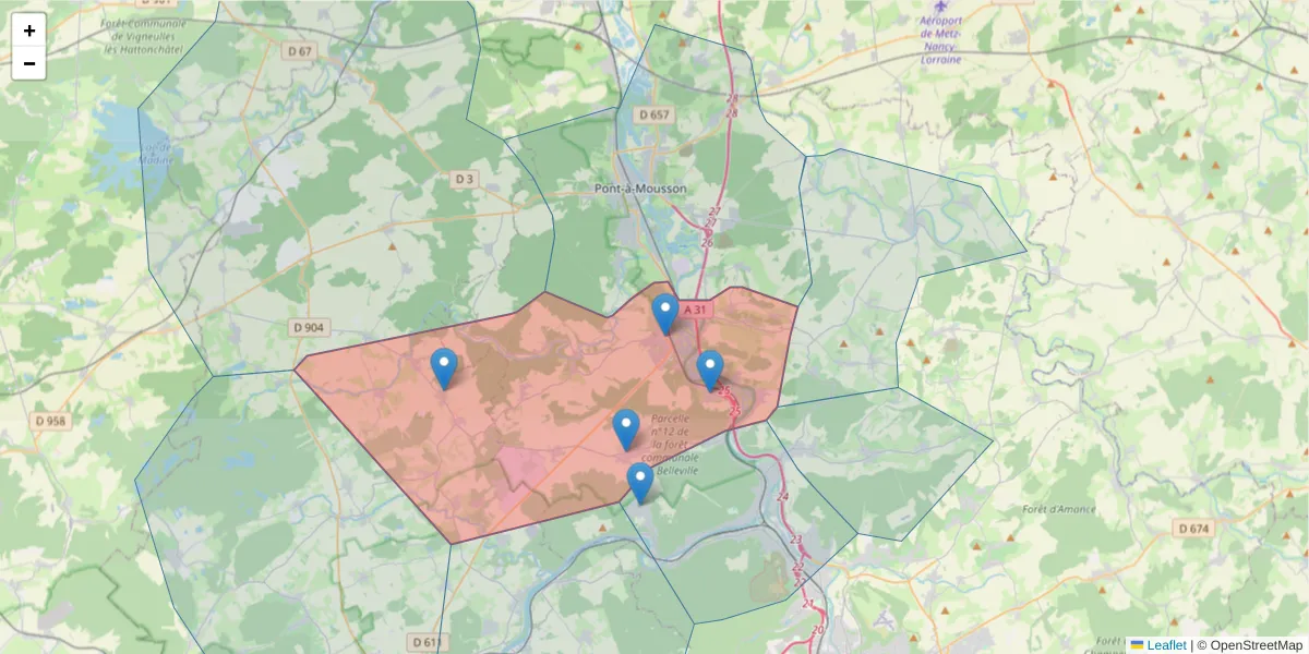 Carte de la zone du code postal  et des codes postaux voisins en France