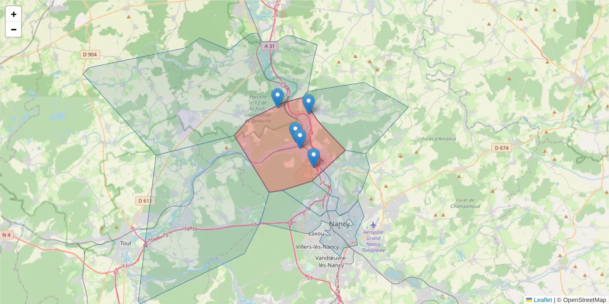 Carte de la zone du code postal  et des codes postaux voisins en France