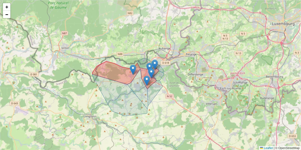 Carte de la zone du code postal  et des codes postaux voisins en France