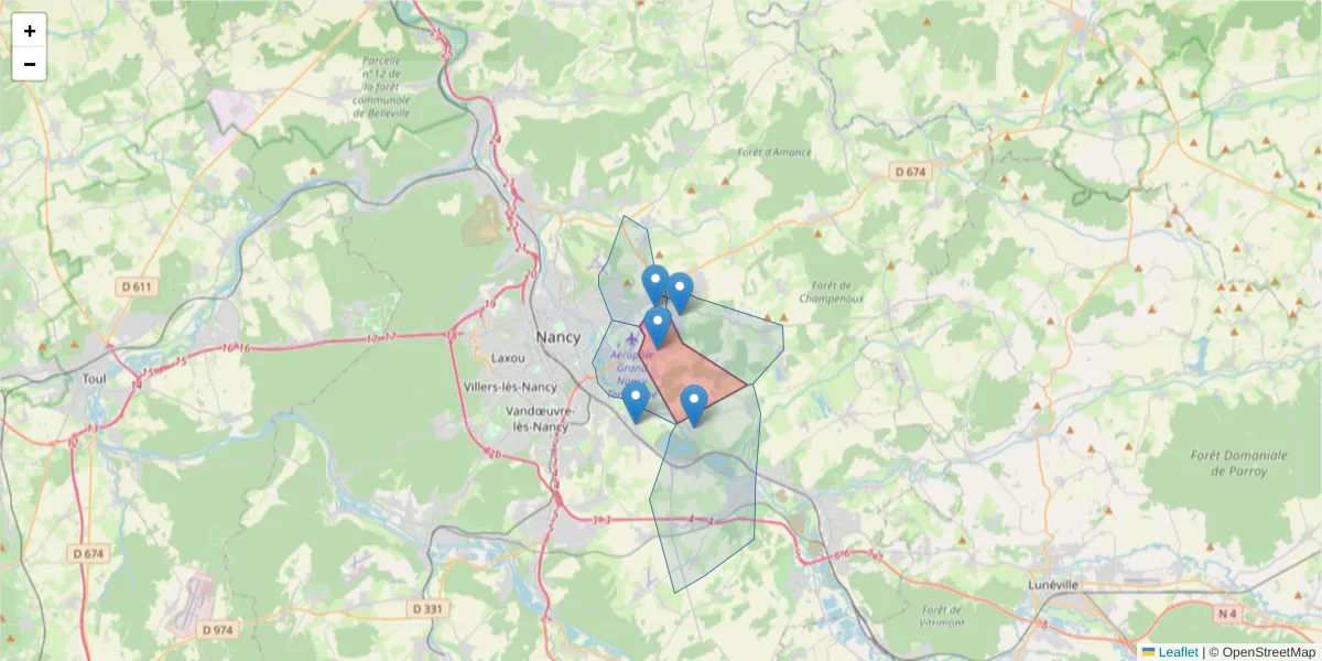 Carte de la zone du code postal  et des codes postaux voisins en France