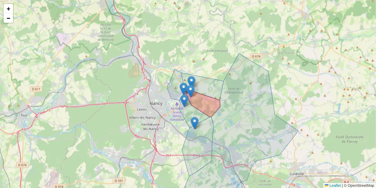 Carte de la zone du code postal  et des codes postaux voisins en France