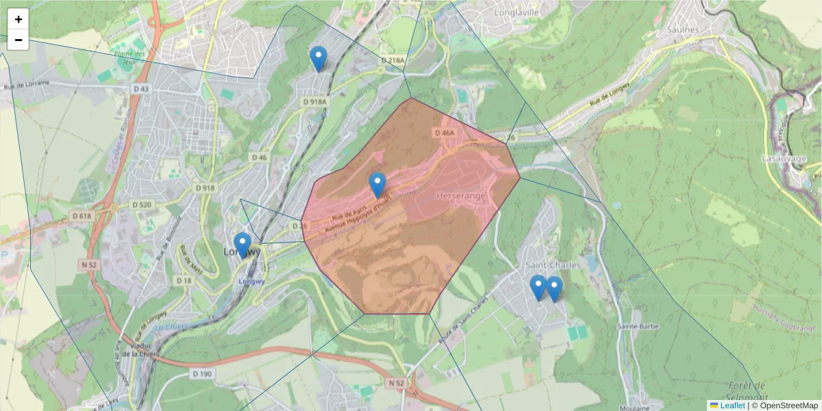 Carte de la zone du code postal  et des codes postaux voisins en France