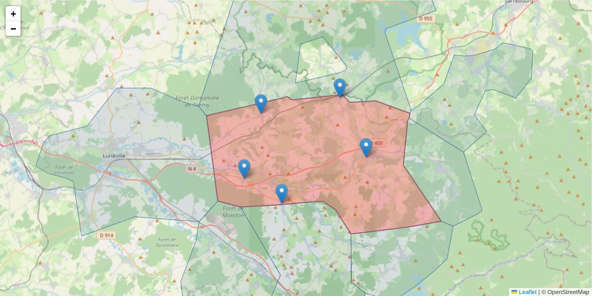 Carte de la zone du code postal  et des codes postaux voisins en France