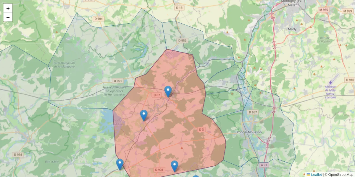 Carte de la zone du code postal  et des codes postaux voisins en France