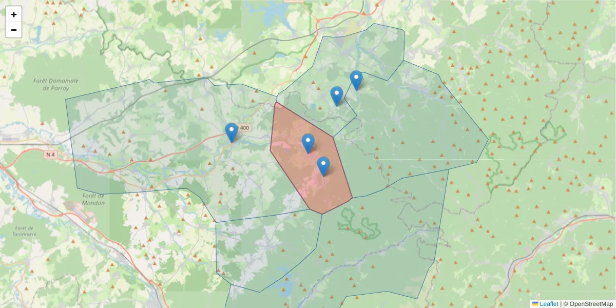 Carte de la zone du code postal  et des codes postaux voisins en France