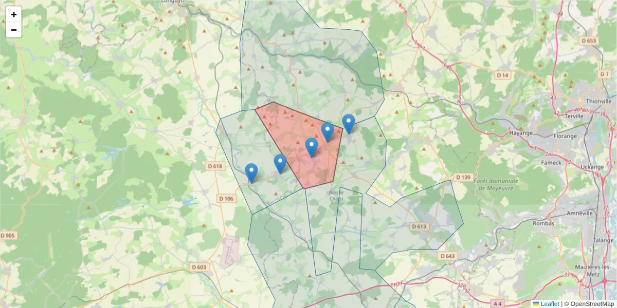 Carte de la zone du code postal  et des codes postaux voisins en France