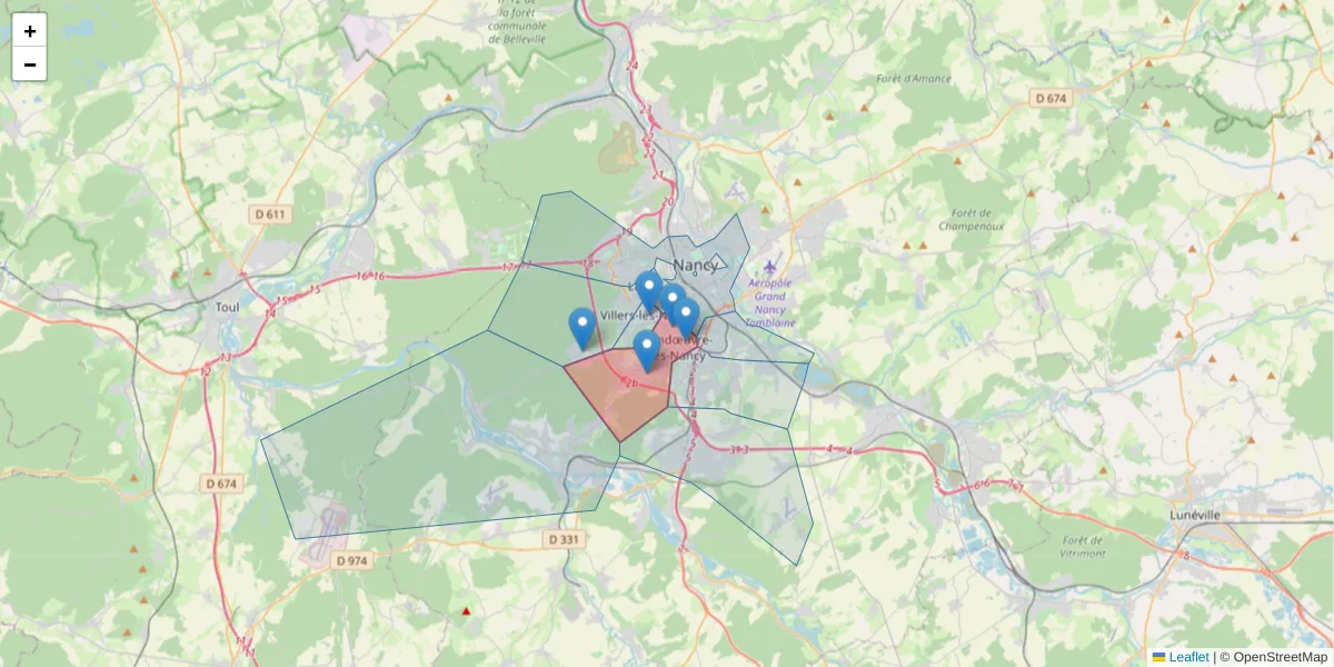 Carte de la zone du code postal  et des codes postaux voisins en France