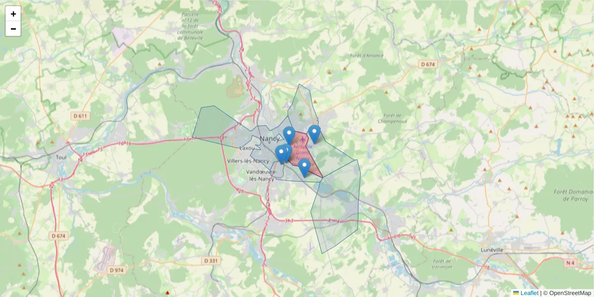 Carte de la zone du code postal  et des codes postaux voisins en France