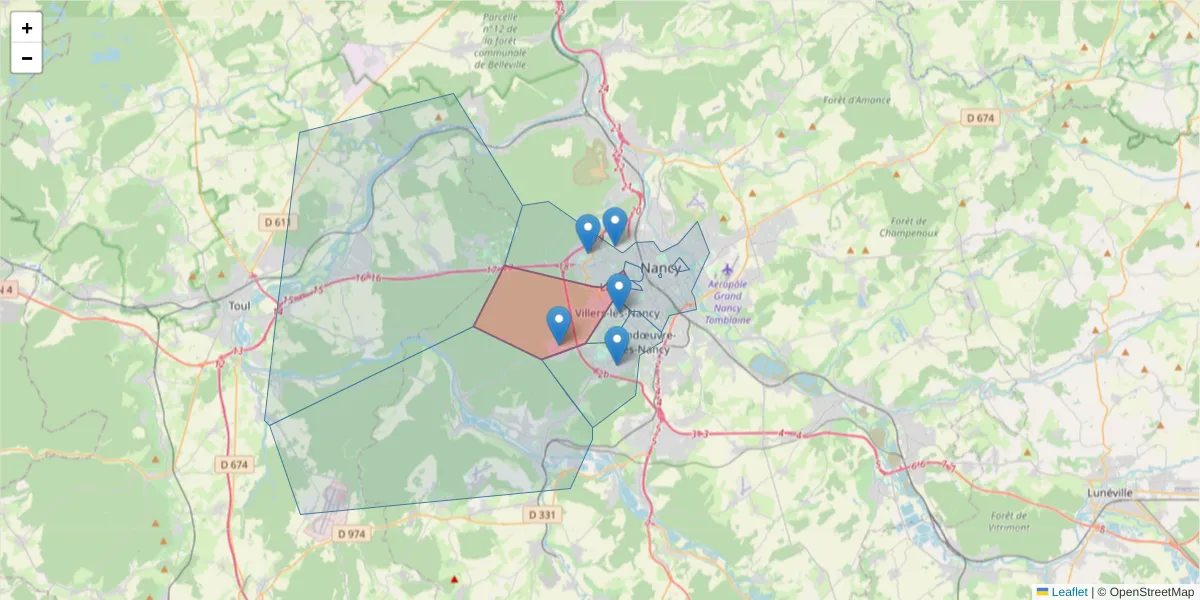 Carte de la zone du code postal  et des codes postaux voisins en France