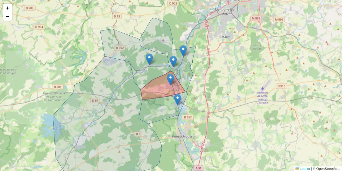 Carte de la zone du code postal  et des codes postaux voisins en France
