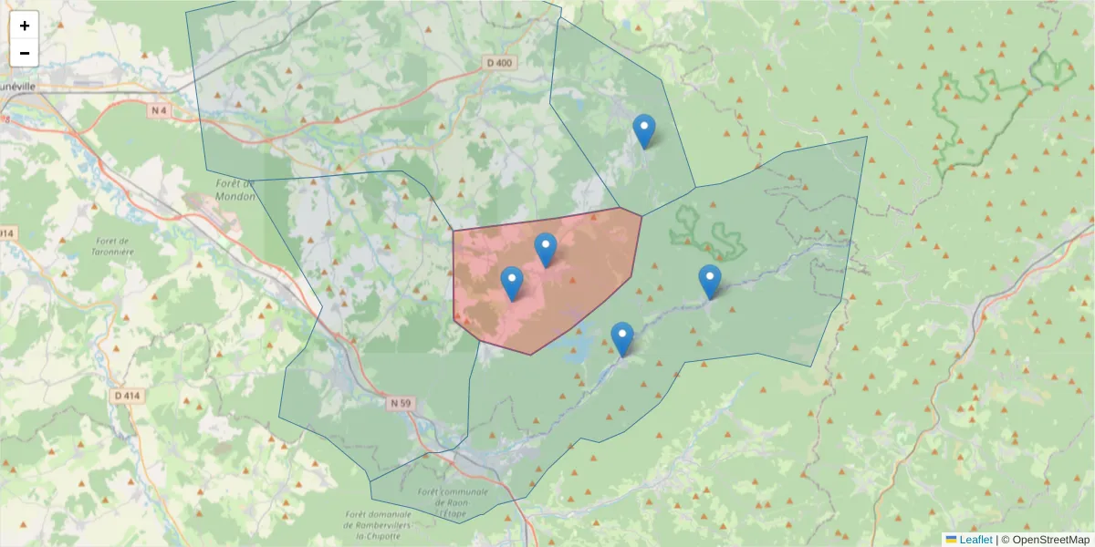 Carte de la zone du code postal  et des codes postaux voisins en France