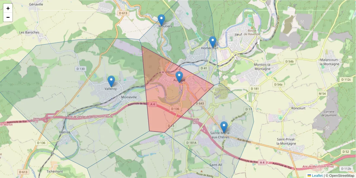 Carte de la zone du code postal  et des codes postaux voisins en France