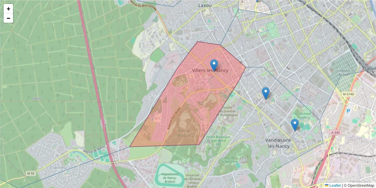 Carte de la zone du code postal  et des codes postaux voisins en France