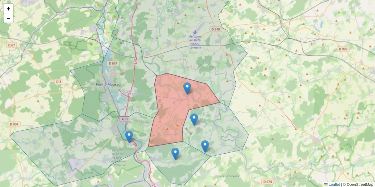 Carte de la zone du code postal  et des codes postaux voisins en France