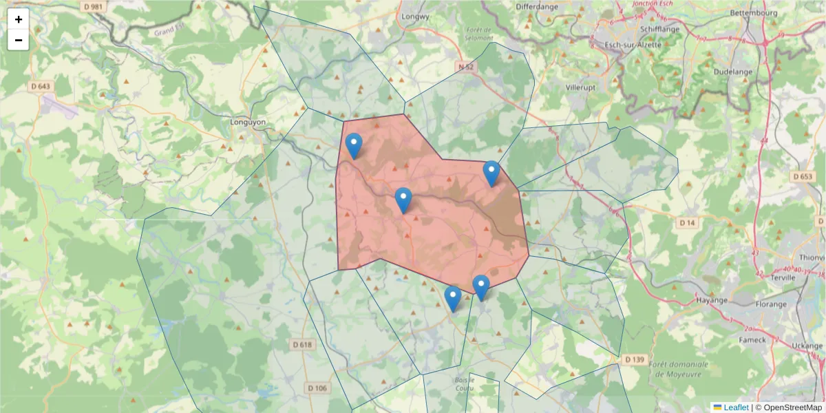 Carte de la zone du code postal  et des codes postaux voisins en France