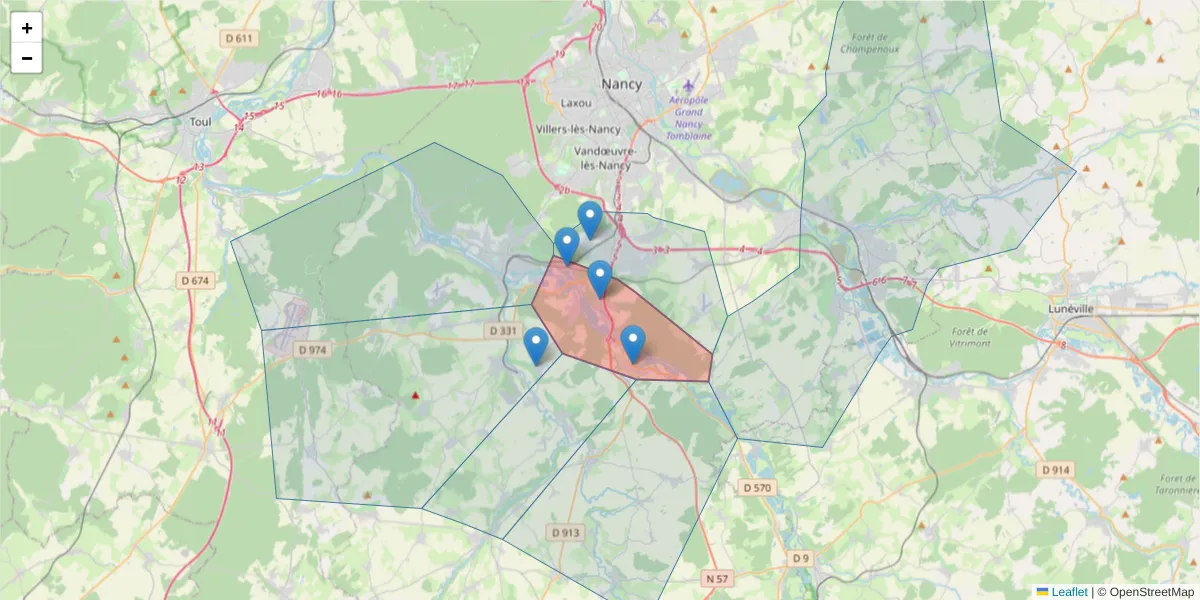 Carte de la zone du code postal  et des codes postaux voisins en France