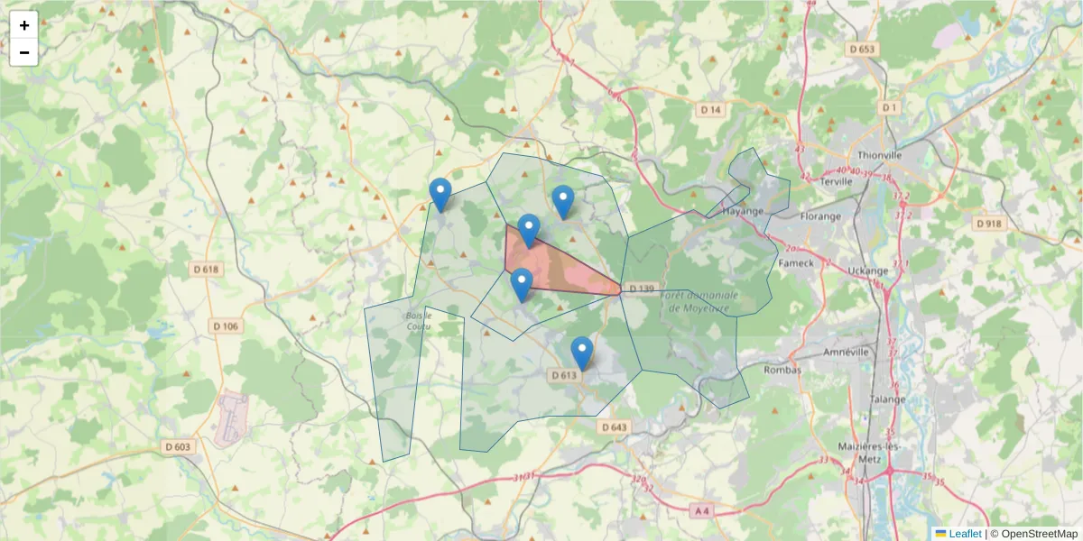 Carte de la zone du code postal  et des codes postaux voisins en France