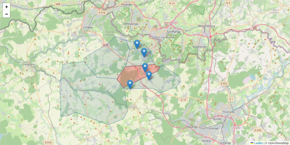Carte de la zone du code postal  et des codes postaux voisins en France